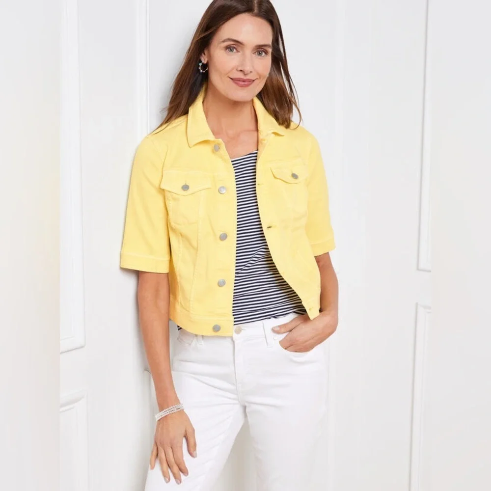 Talbots SHORT SLEEVE Cropped JEAN JACKET - DAISY Medium Butter Yellow - Picture 1 of 6